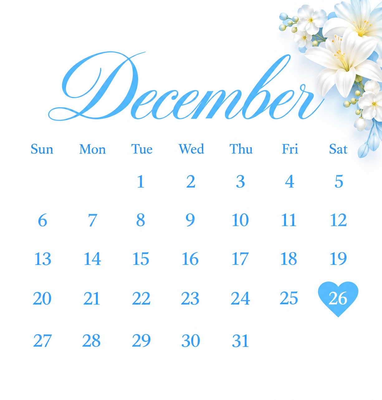Kalendar Disember 2026 dengan tarikh 26 ditandakan